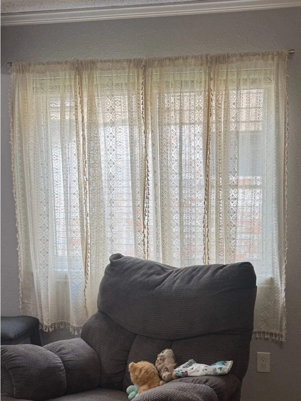 BohoSheer Linen Tassel Lace Curtain Panels - Beige